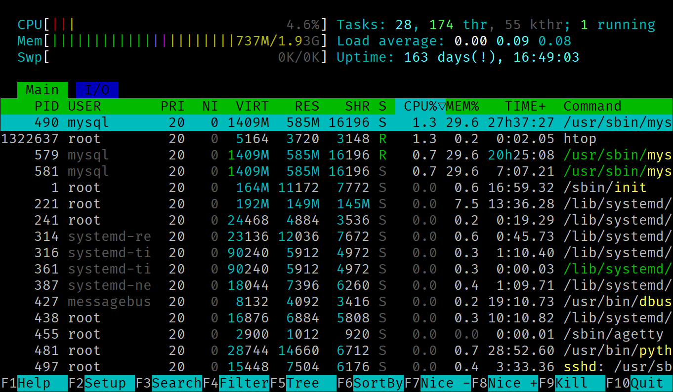 Screenshot from PuTTY displaying the htop output of a Debian server where Apache2 is installed with LinkAutocorrect.
