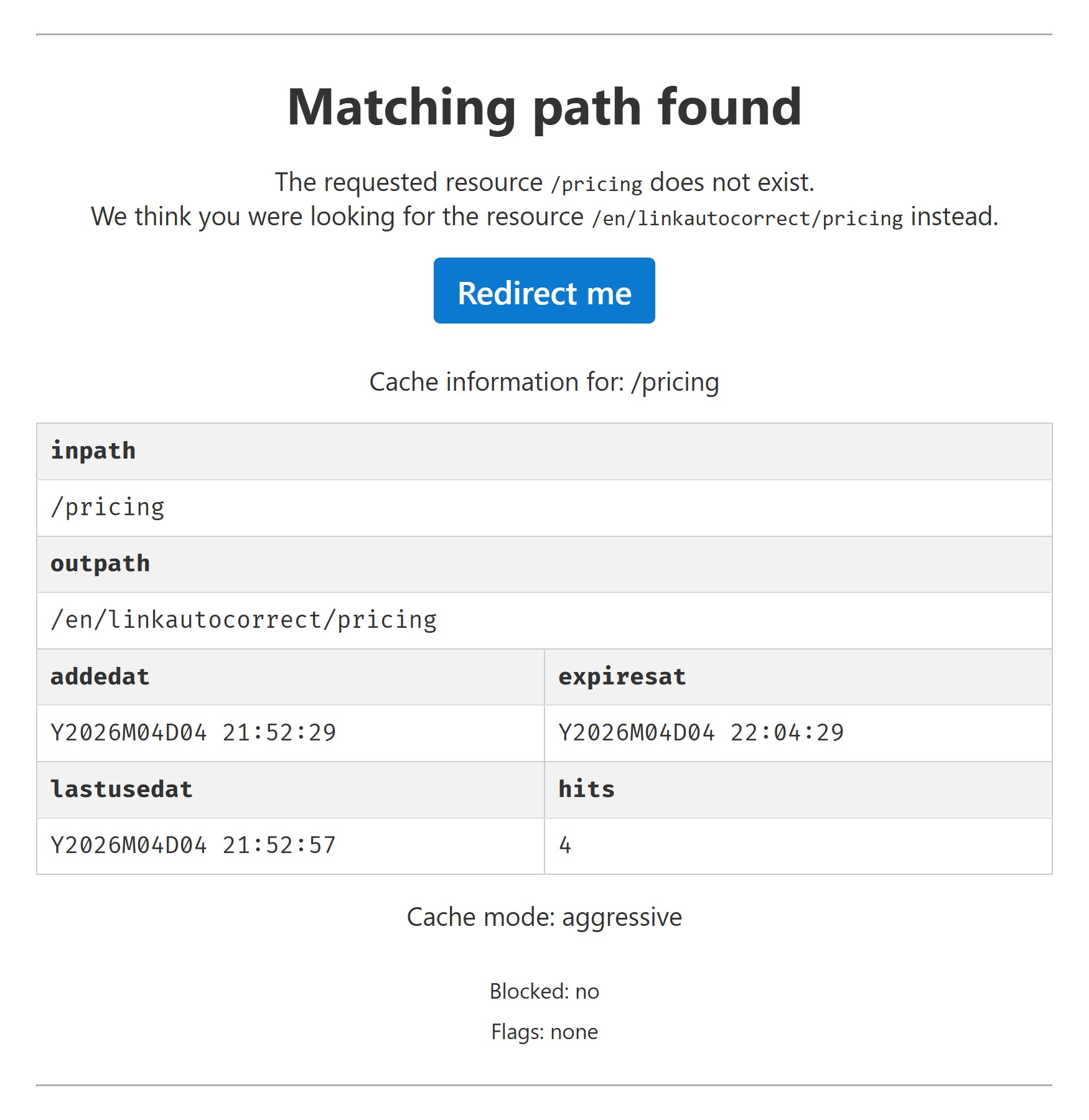 LinkAutocorrect debug message displaying a successful redirection because of a cache hit.