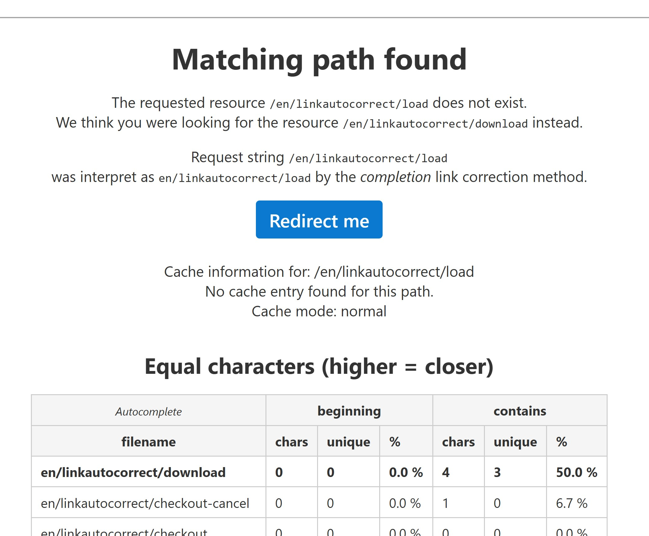 LinkAutocorrect debug message displaying a successful redirection because of autocompleting the input URL.