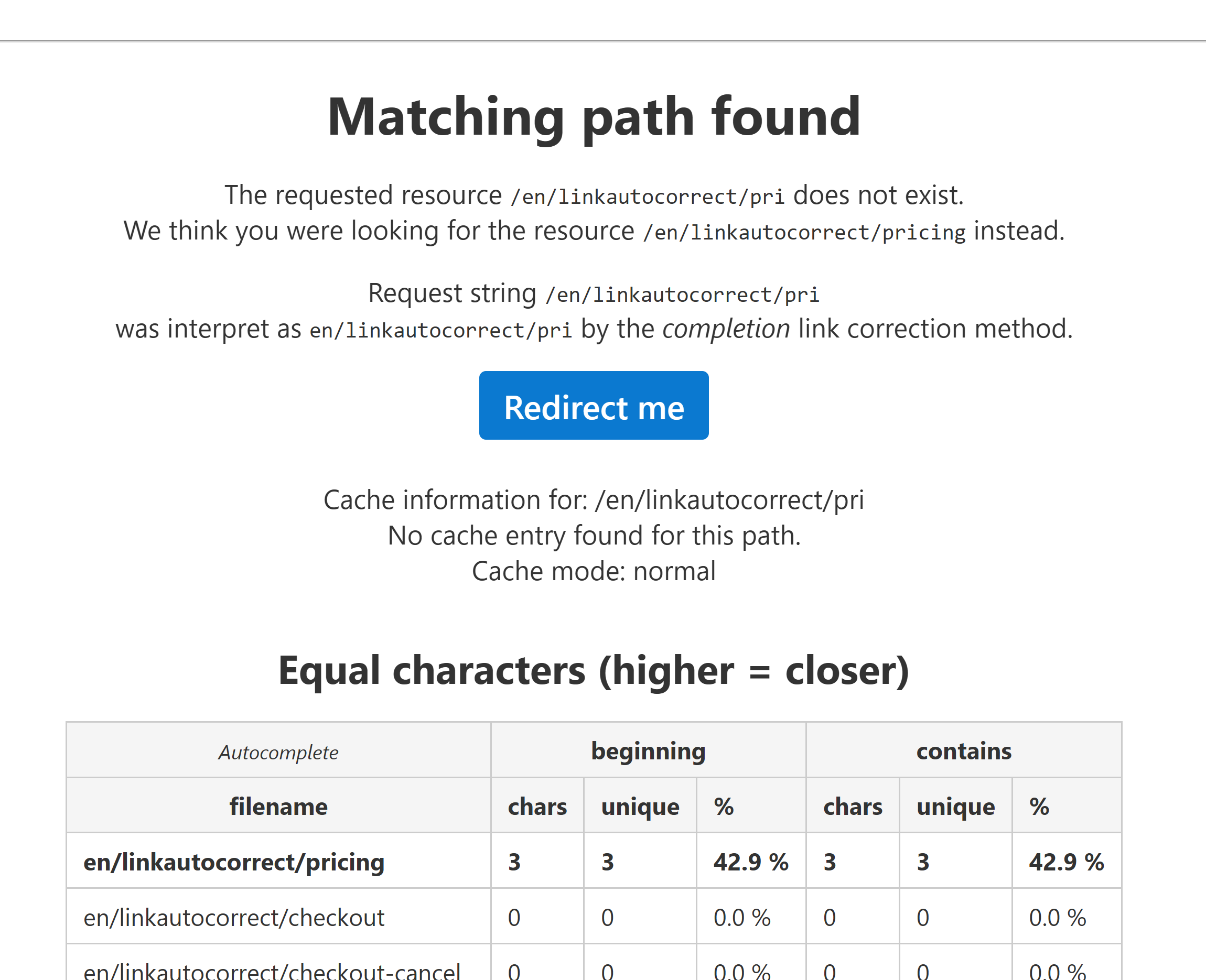 LinkAutocorrect debug message displaying a successful redirection because of autocompleting the input URL.