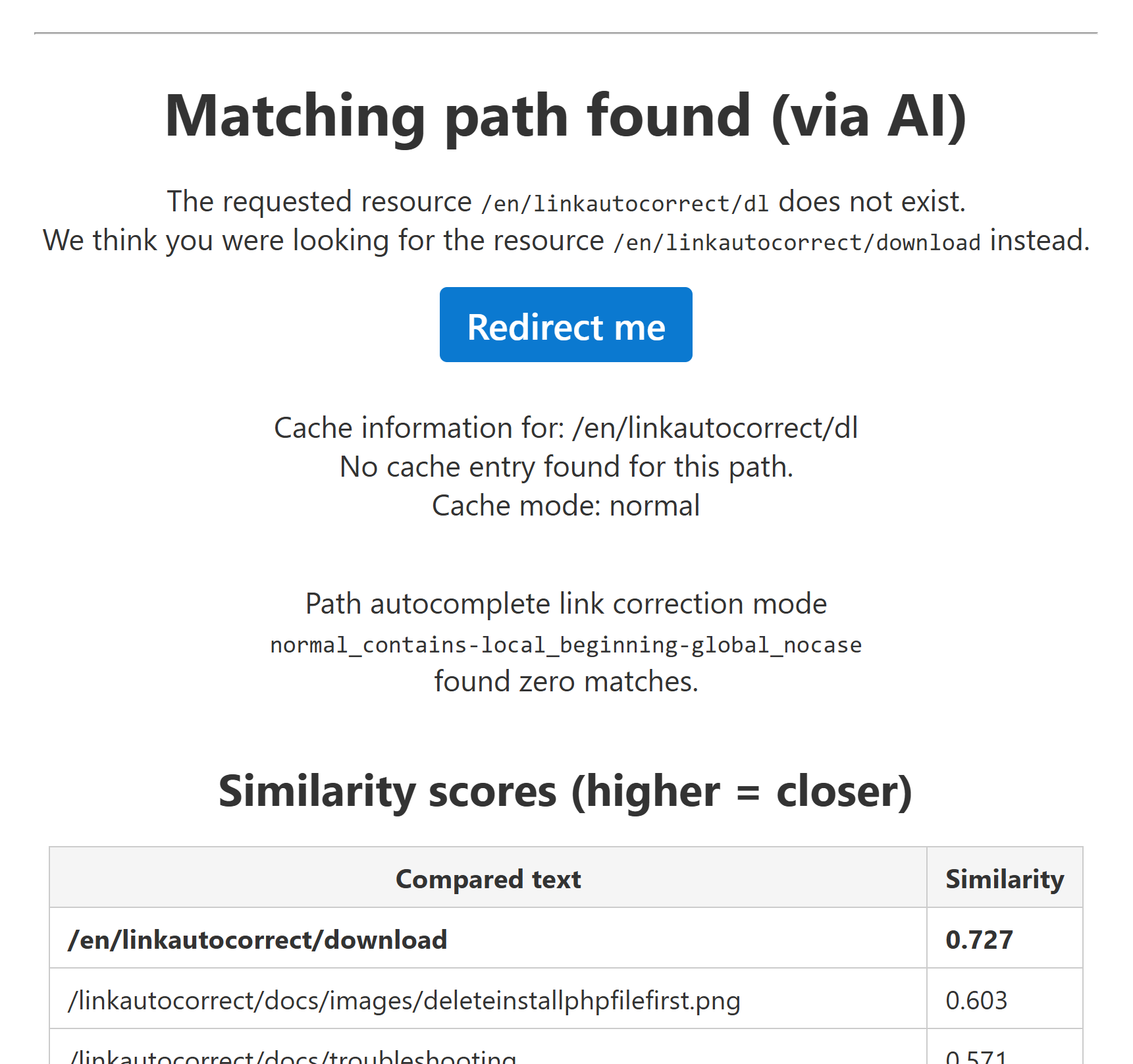 LinkAutocorrect debug message displaying a successful redirection because an LLM has found the correct target URL.