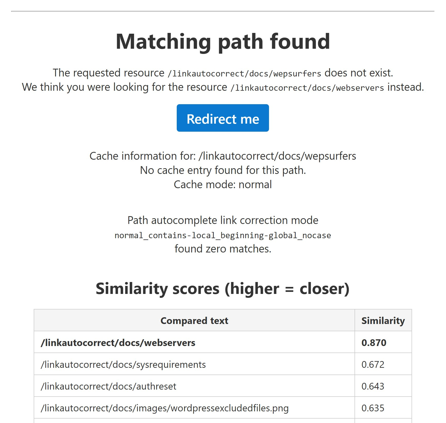 LinkAutocorrect debug message displaying a successful redirection because of similarity between the input URL and the candidate URL.