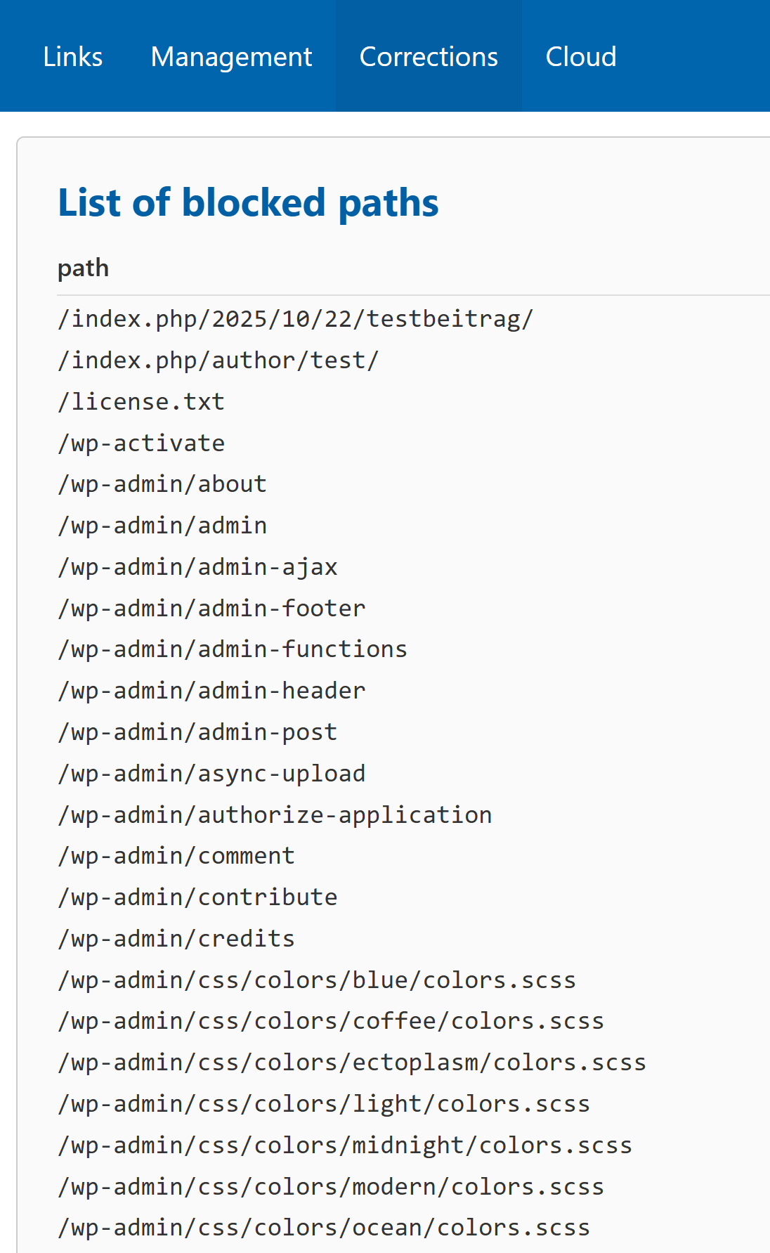 Screenshot from a PC displaying entries from the List of blocked paths inside the Paths overview in the administration panel. Most of the entries are internal WordPress files.
